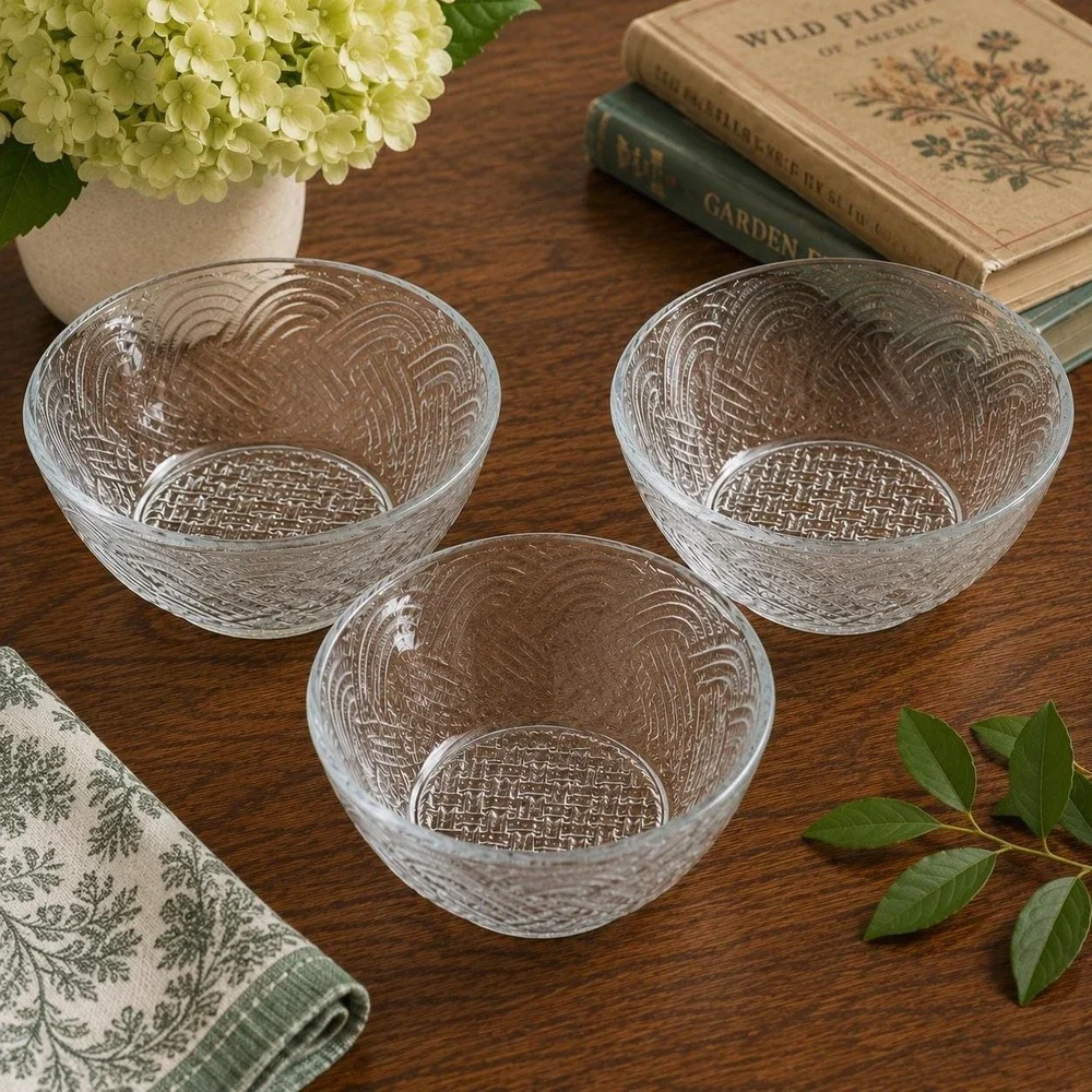 Pasari Indonesia (4) Clear Glass Cereal Soup Bowls Basketweave Wave VTG 90s